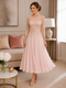 peach pink  tea length chiffon and  beaded lace mother of the bride dress, perfect for a formal wedding