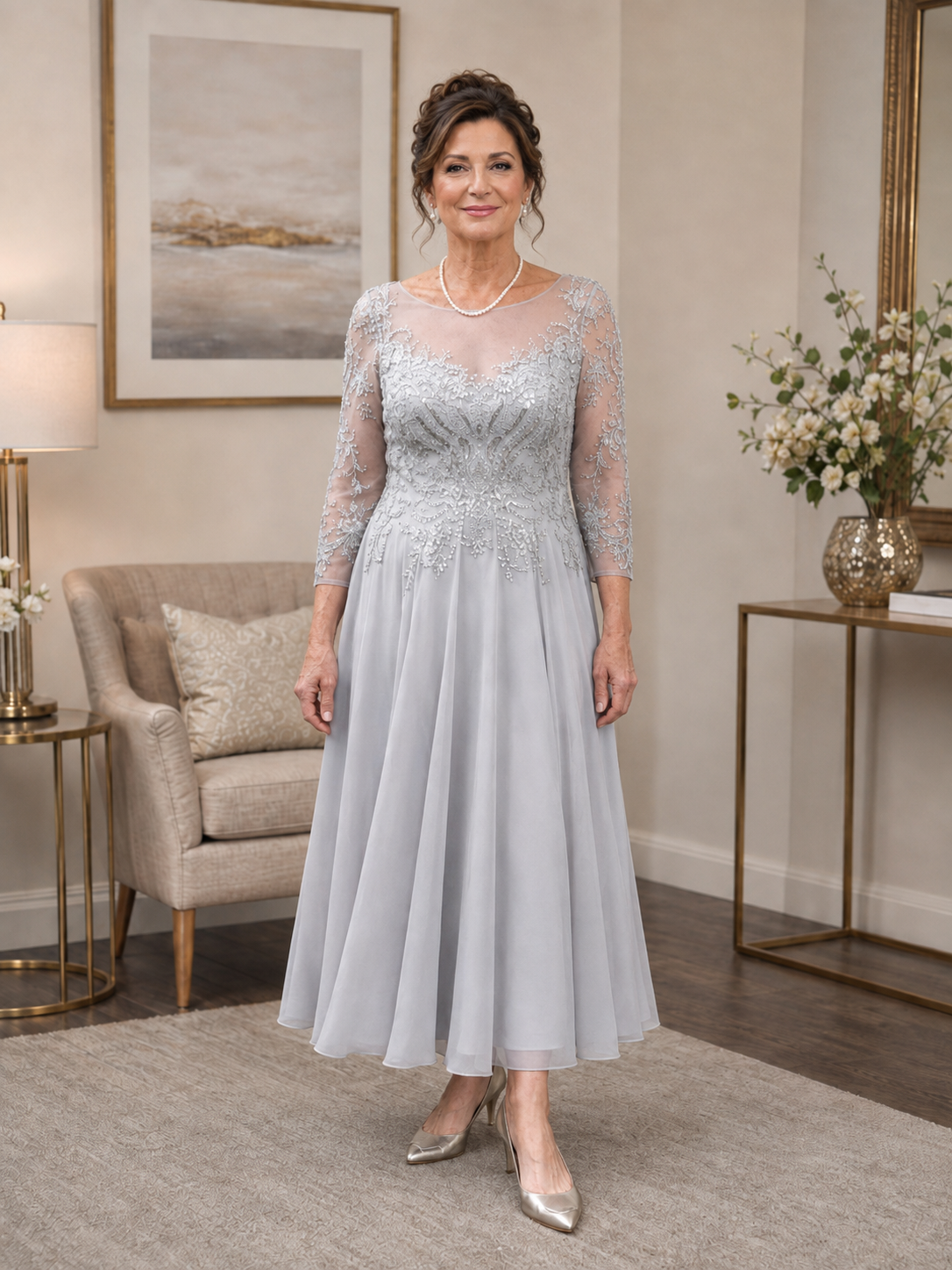 Formal mother of the bride dress in chiffon and beaded lace this tea length full skirted dress is available in Melbourne at Ever Elegant