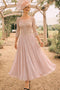 Soft peach pink tea length mother of the bride dress with beaded lace bodice and chiffon skirt