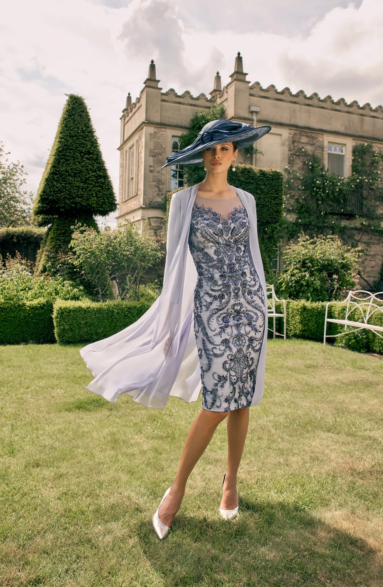 Silver Chiffon Long Coat with Flared Panels & 3/4 Sleeves. EE800 - Ever Elegant