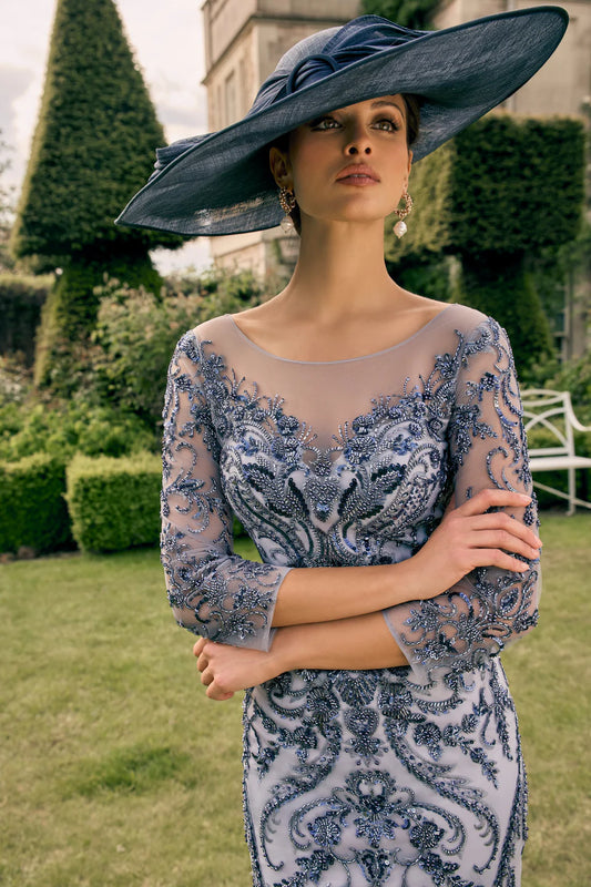 Navy and Dove Grey Beaded Lace Dress with Chiffon Jacket – 992750 - Ever Elegant