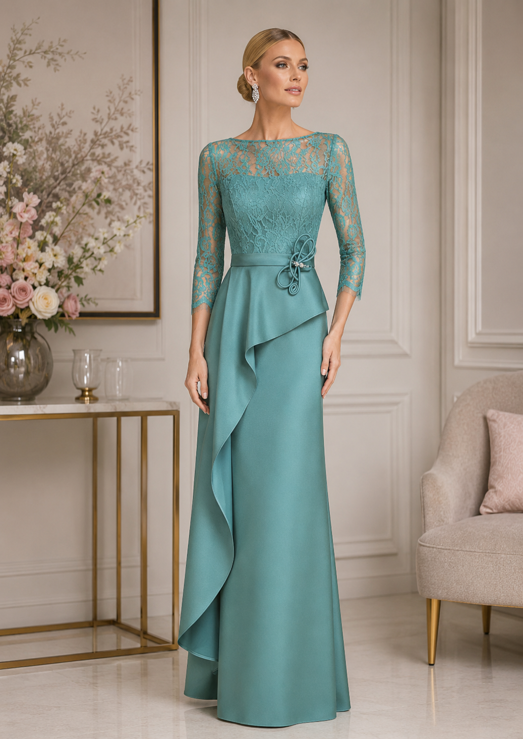 Sonia Peña aqua lace mother of the bride gown with sheer lace sleeves and elegant draped skirt detail at Ever Elegant Australia