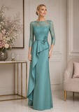 Sonia Peña aqua lace mother of the bride gown with sheer lace sleeves and elegant draped skirt detail at Ever Elegant Australia