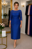 Royal blue lace occasion dress for mother of the bride or wedding guest with elegant three-quarter sleeves and fitted silhouette, Ever Elegant Melbourne