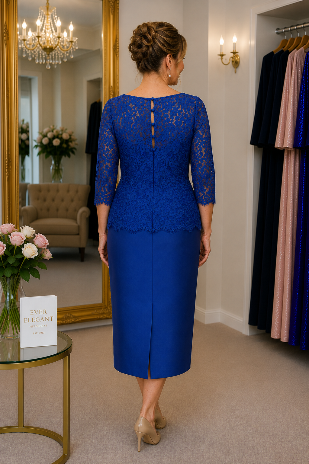 Royal blue lace mother of the groom dress showing intricate lace back detail and centre back split, photographed in the Ever Elegant boutique Melbourne