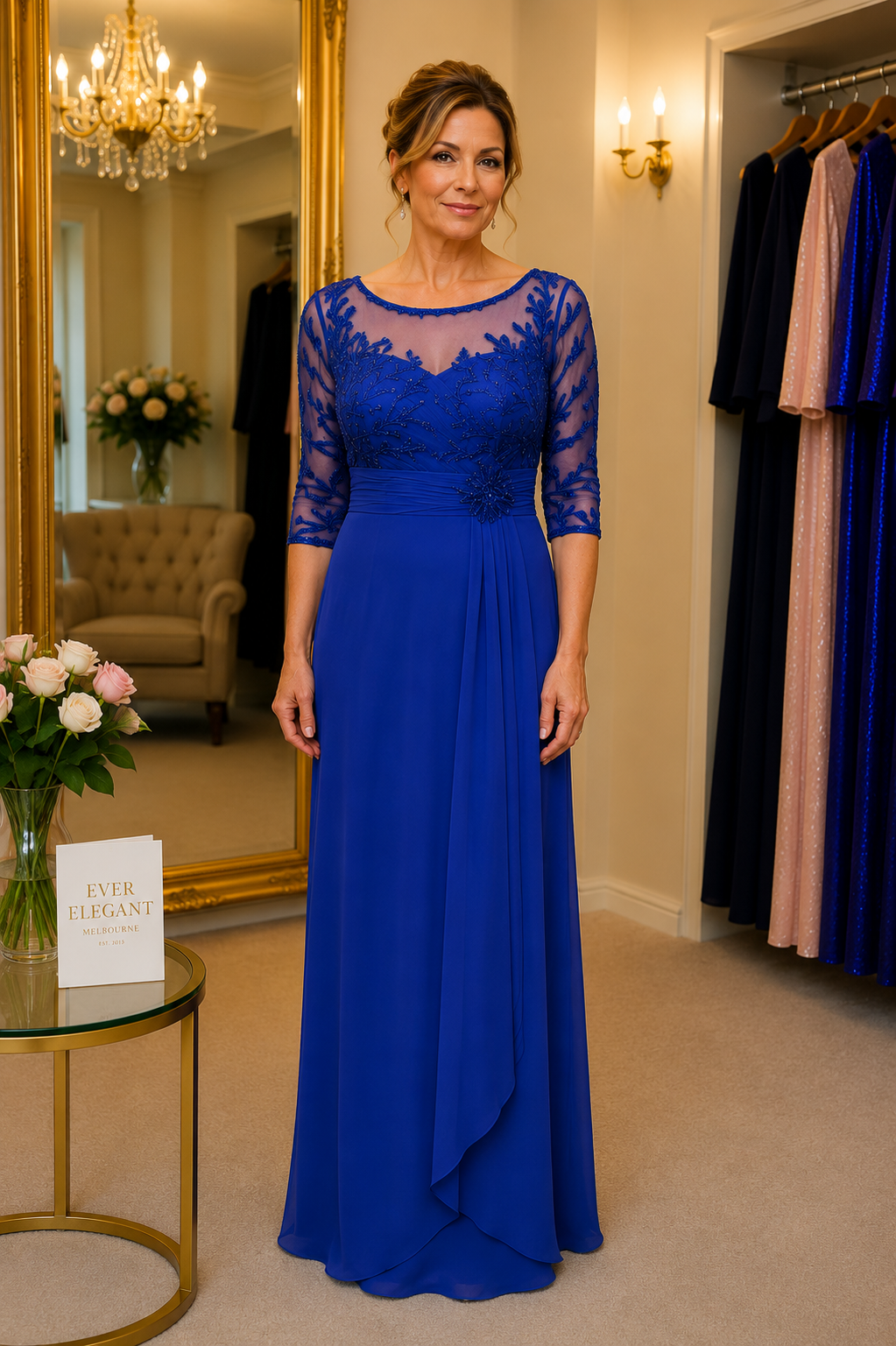 Royal blue formal mother of the groom dress with beaded illusion bodice, flattering waist detail and flowing full-length skirt, Ever Elegant Melbourne