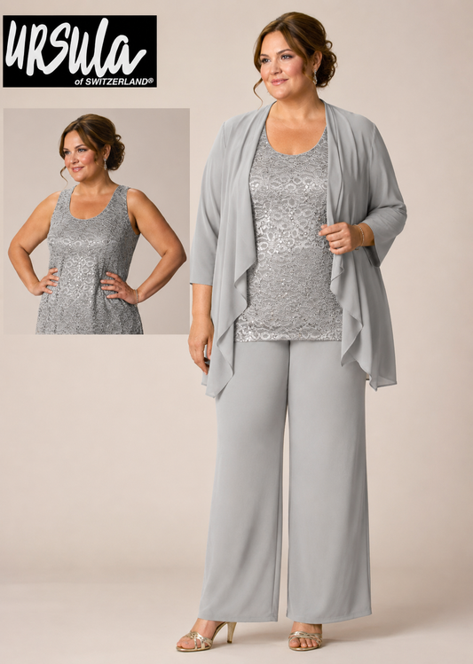 Plus size silver mother of the bride trouser suit with lace top and chiffon jacket by Ursula of Switzerland
