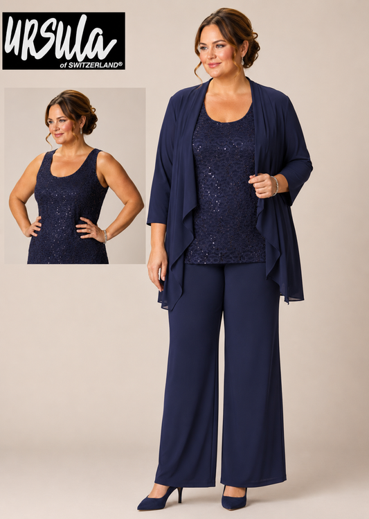 Plus size navy mother of the bride trouser suit with lace top and chiffon jacket by Ursula of Switzerland