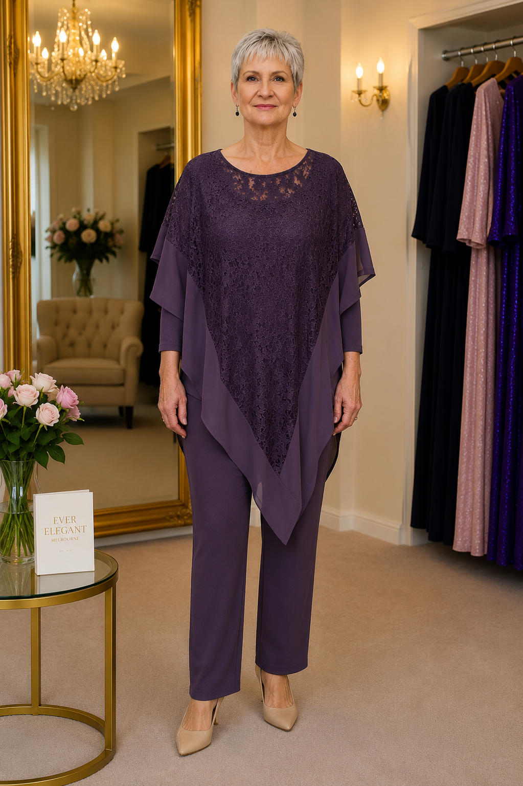 Aubergine Pantsuit with Lace Overlay Tabard | Mother of the Bride Outfit | Personal Choice 17173 .