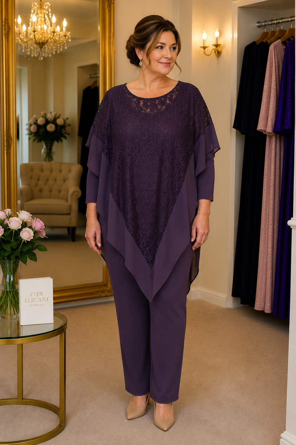 Aubergine plus size pantsuit for mother of the bride with wide leg trousers and long sleeve top at Ever Elegant Melbourne