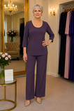 Plus size aubergine formal pantsuit with wide leg pants and matching top for mature women special occasion wear Australia