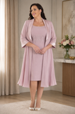 Dusty pink plus size mother of the bride outfit with elegant swing coat and beaded dress by Veromia, available at Ever Elegant Australia.