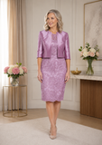 Lilac lace mother of the bride dress with sequined bodice and matching jacket – John Charles