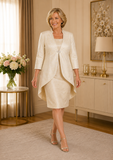 Plus size ivory and gold mother of the bride dress and tailcoat outfit by Veromia for weddings and special occasions