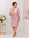 Elegant blush pink lace mother of the groom outfit for curvy women with matching cropped jacket