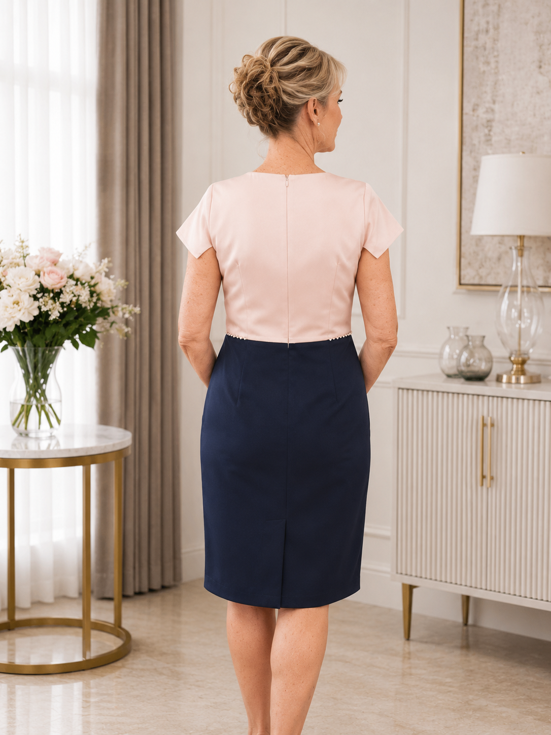 Back view of blush pink and navy occasion dress showing fit and silhouette for mother of the bride or groom