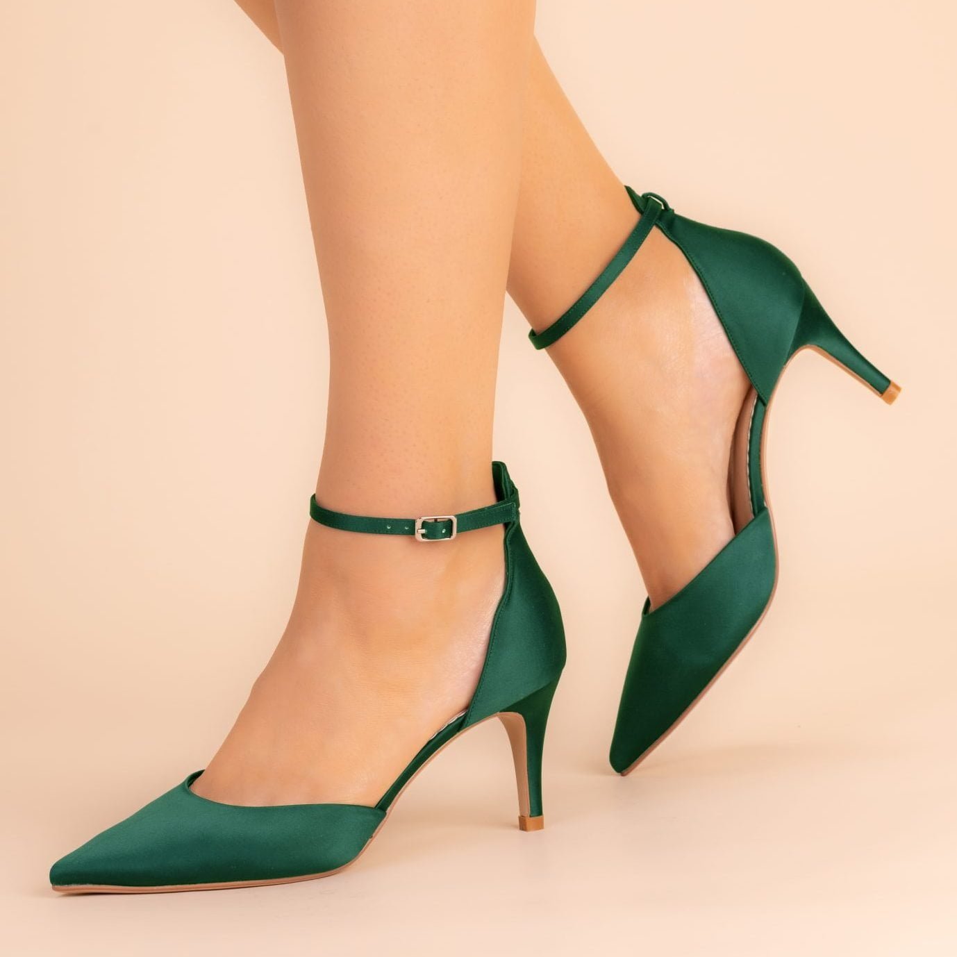Green Satin Mid heel shoe with an ankle strap - DANIELLA - Part of our Mother of the bride designer shoe range
