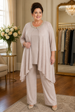Plus-size champagne metallic three-piece pantsuit with flowing overlay and beaded neckline for mother of the bride or groom