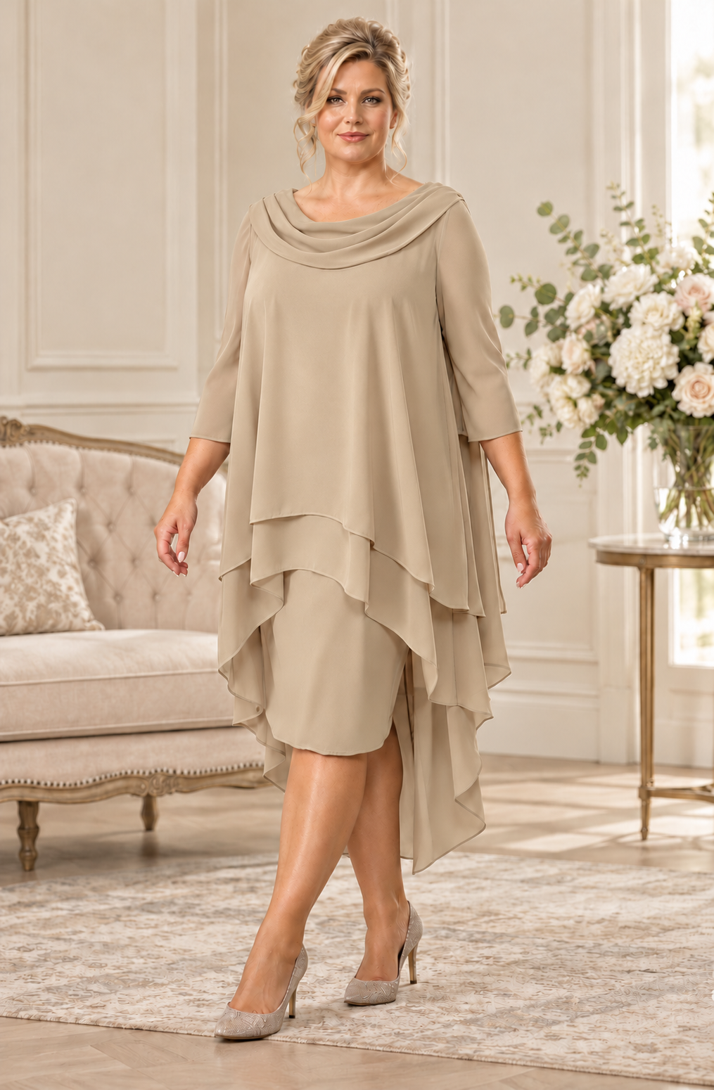 Coffee chiffon plus size dress with draped cowl neckline, three-quarter sleeves and cascading asymmetric layers, shown on a blonde model at Ever Elegant.