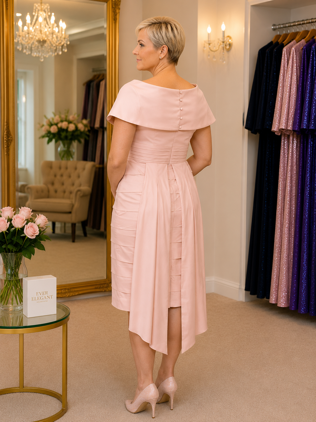 Back view of Veromia blush pink mother of the bride dress featuring covered buttons, waist detailing and flowing back drape on mature size 18 model at Ever Elegant