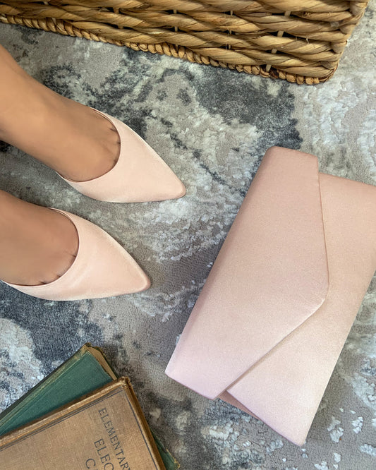 Simone blush satin clutch bag for weddings and formal wear