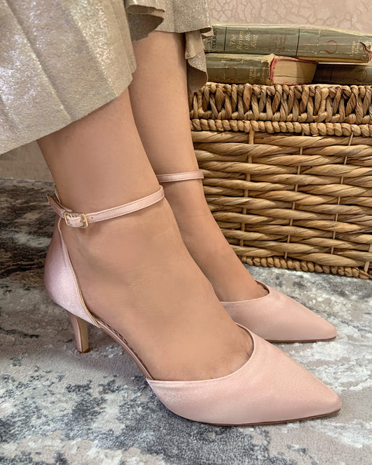 Elegant blush pink satin occasion shoes with ankle strap