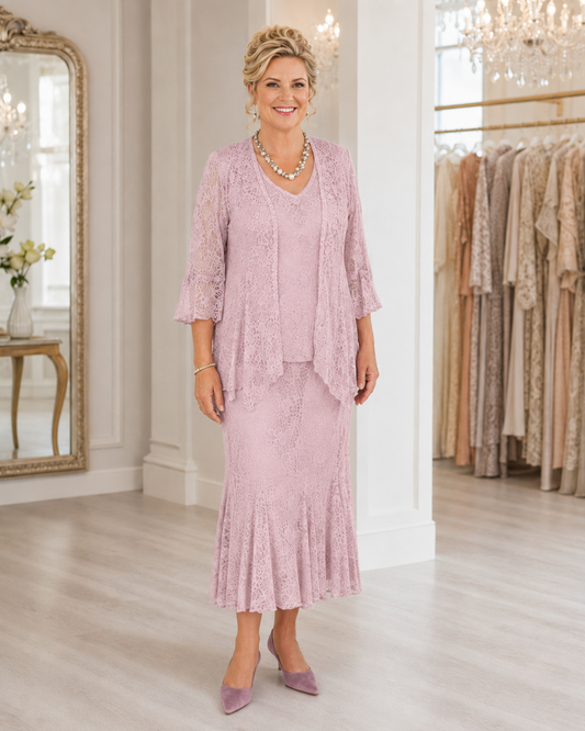 A mature model in a three-piece dusty pink lace outfit consisting of a V-neck top, matching cardigan, and midi skirt, suitable for a mother or grandmother of the bride.