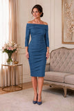 Mid blue stretch taffeta mother of the bride dress with Bardot neckline, three-quarter sleeves and layered ruching