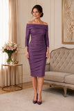 Dark mauve stretch taffeta mother of the bride dress with Bardot neckline, three-quarter sleeves and layered ruching
