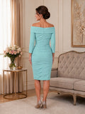 Back view of mother of the bride dress with a Bardot neckline and 3/4 sleeves 