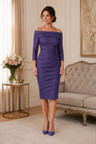 A Purple stretch taffeta mother of the bride dress with Bardot neckline, three-quarter sleeves and layered ruching