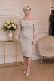 Irresistible taupe Bardot mother of the bride dress with three-quarter sleeves and ruched detailing