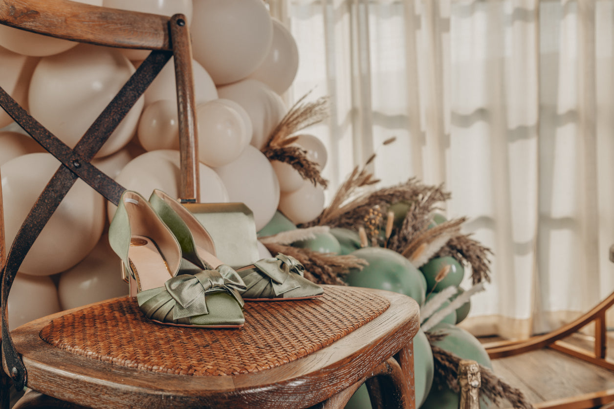 Olive satin Pointed Court shoe with bow - MARGO- In our mother of the bride and groom shoe range