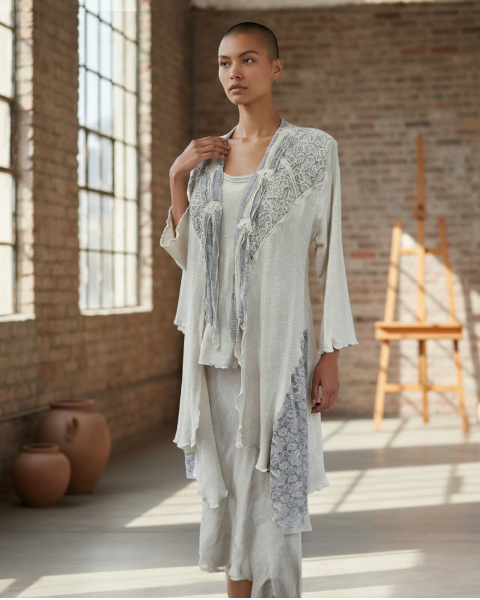 Ann Balon Roma 3-piece Italian lace set with long jacket in soft beige tones great for a transeasonal wedding