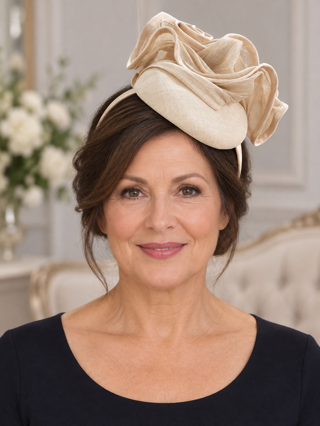 Front view of mature model wearing a cream sinamay wedding fascinator