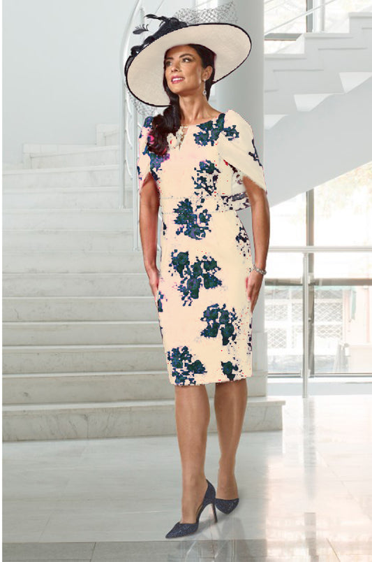 Navy and Cream Floral Occasion Dress from the  Veromia designer range. VO0256