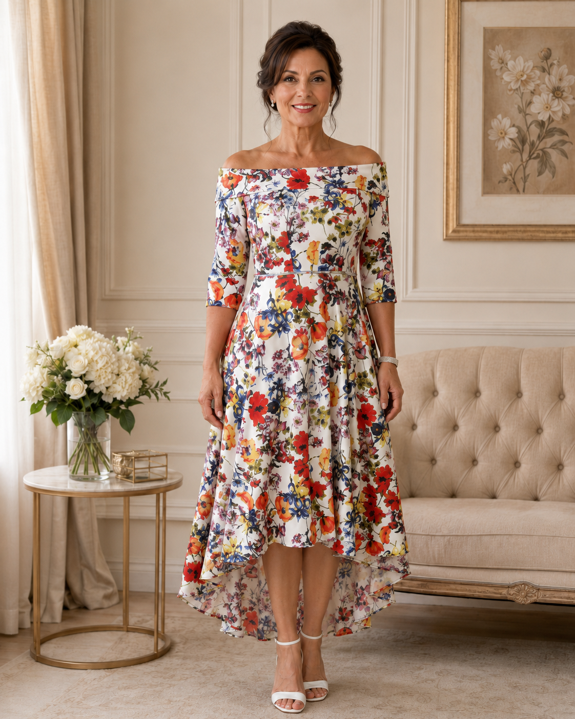 Ivory floral off-the-shoulder occasion dress with three-quarter sleeves and a shorter front hem.