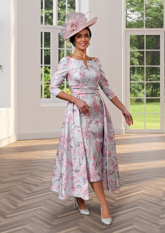 Silver and pink brocade mothers dress for a wedding
