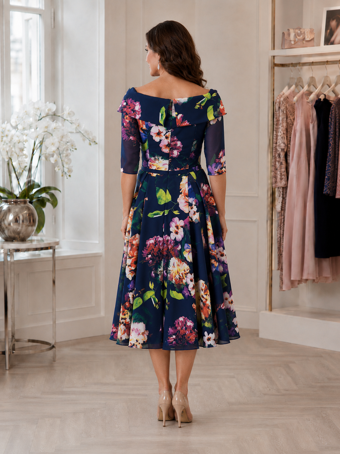 Back view of navy floral occasion dress with fitted bodice, defined waist and flared midi skirt.