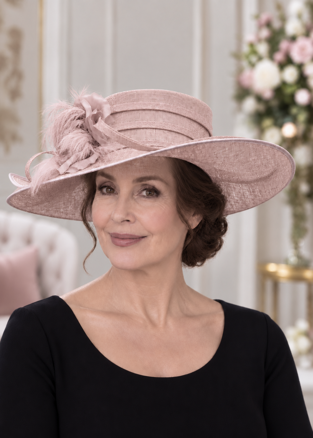 Mature brunette model wearing a dusty pink mother-of-the-bride hat