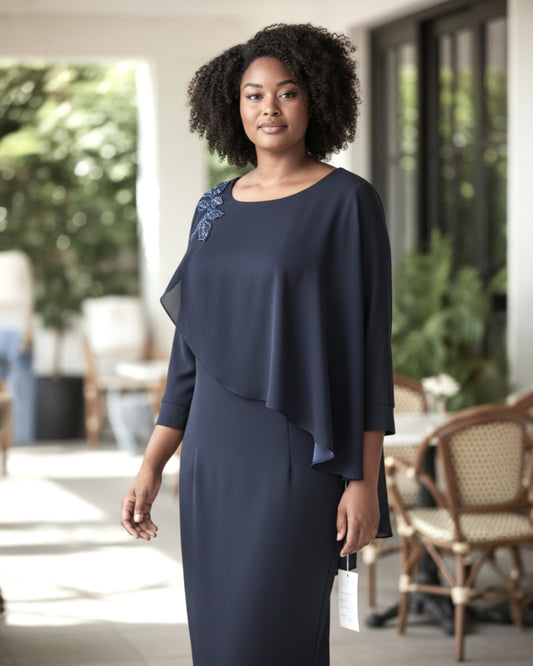 Plus size navy cape dress for mother of the bride