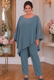 Plus-size dusty blue mother of the bride pantsuit with opaque asymmetric top and matching trousers