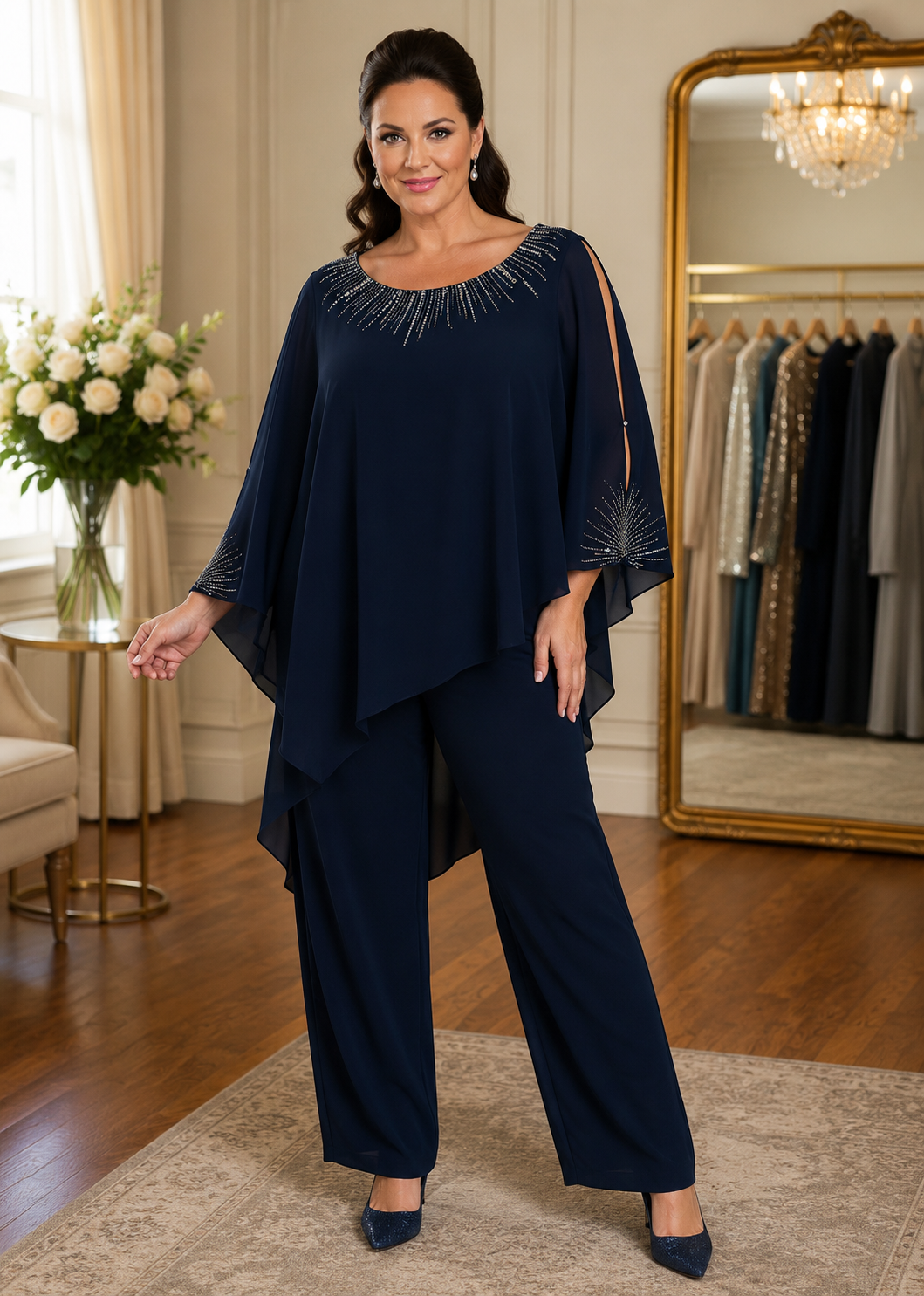 Dressed Up Navy blue plus-size pantsuit with flowing crepe overlay and beaded neckline