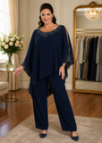 Dressed Up Navy blue plus-size pantsuit with flowing crepe overlay and beaded neckline