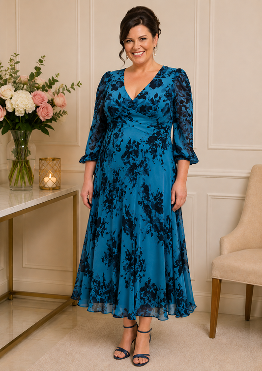 Plus size teal and navy floral mother of the bride dress with sleeves on mature model – wedding guest occasion wear Melbourne