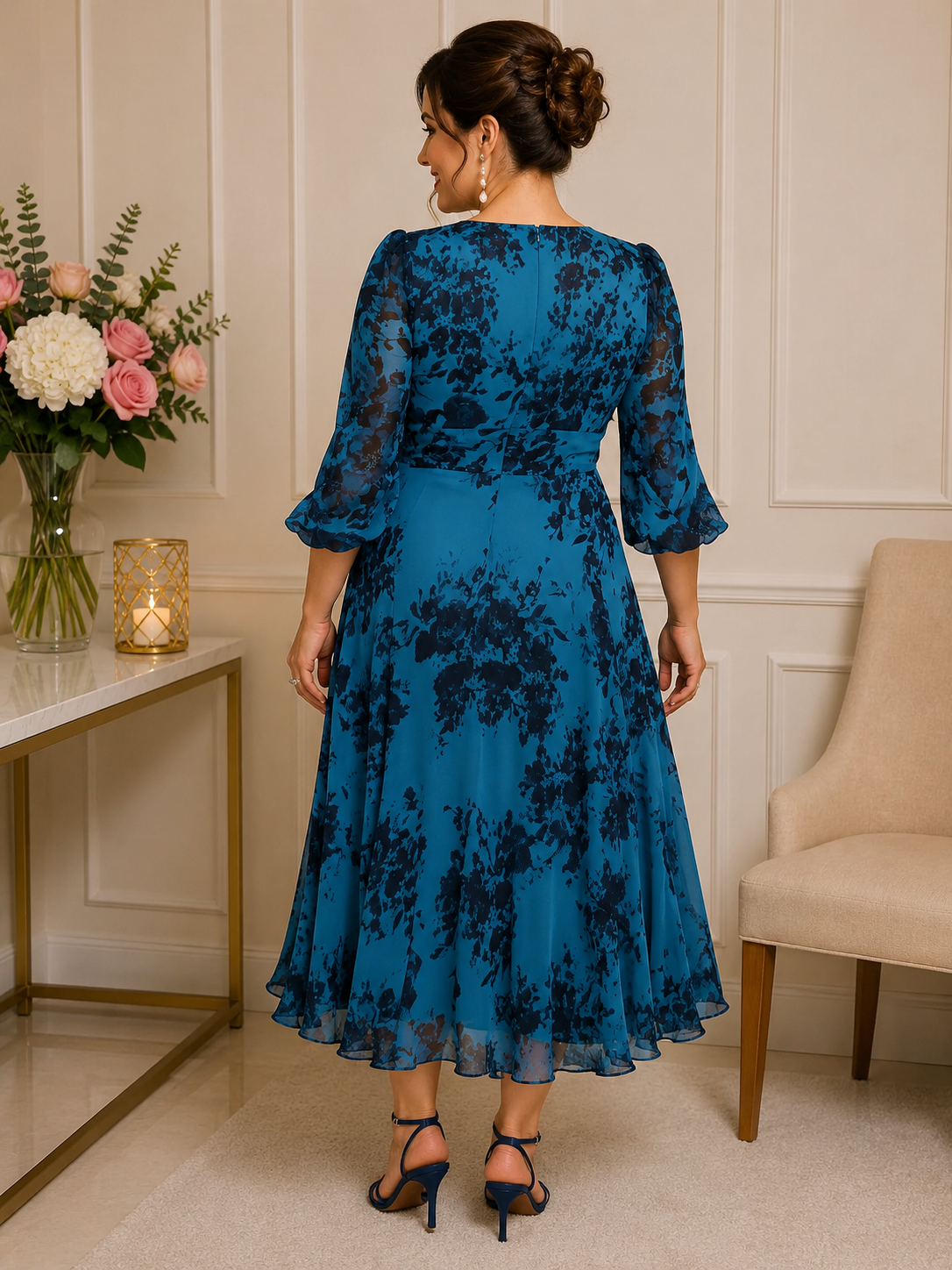 Back view of plus size teal and navy floral mother of the bride dress with sheer sleeves on mature model – elegant occasion wear Australia