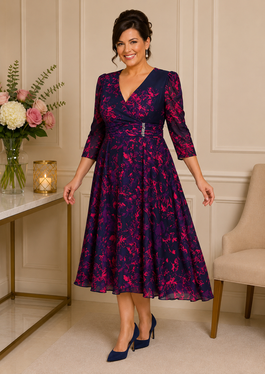 Plus size navy and fuchsia floral mother of the bride dress with sleeves on mature model – elegant wedding outfit Melbourne