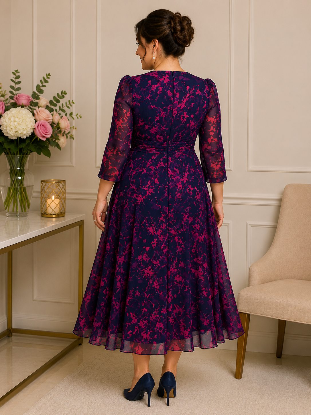 Back view of plus size navy and fuchsia floral mother of the bride dress with sheer sleeves on mature model – designer occasion wear Australia