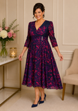 Plus size navy and fuchsia floral mother of the bride dress with sleeves on mature model – elegant wedding outfit Melbourne