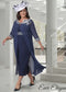 Dressed Up DU709 plus size tea length navy dress with chiffon sleeves and rosette detail